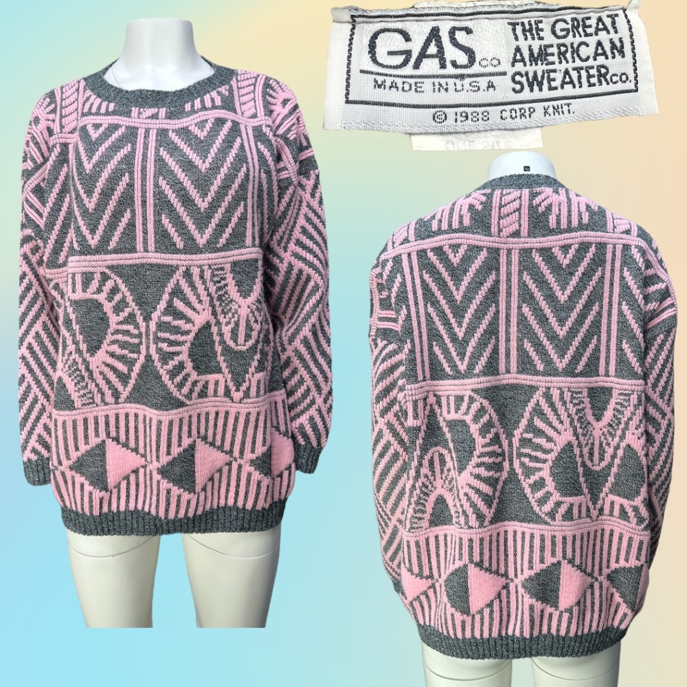 Vintage 1988 Pink & Gray GAS Great American Sweater Company Acrylic Sweater OSFM